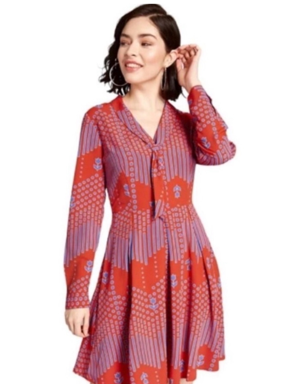 Modcloth Red Long-Sleeve Dress with Blue Geometric Print, Size 6
